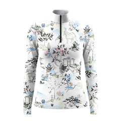 White background studio product shot of full soft ink wash oriental landscape unicorn pagoda floral ditsy print off-white long sleeve quarter-zip riding top
