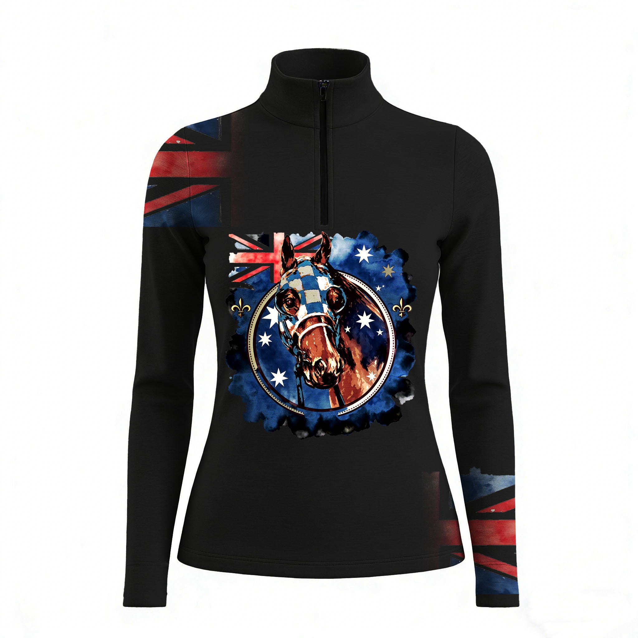 Studio shot of RIDER ATELIER Australian Flag Racehorse Quarter-Zip Top in Classic Black, showcasing full print, quarter-zip collar, and Australian flag sleeve details on a white background