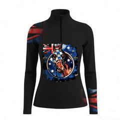 Studio shot of RIDER ATELIER Australian Flag Racehorse Quarter-Zip Top in Classic Black, showcasing full print, quarter-zip collar, and Australian flag sleeve details on a white background