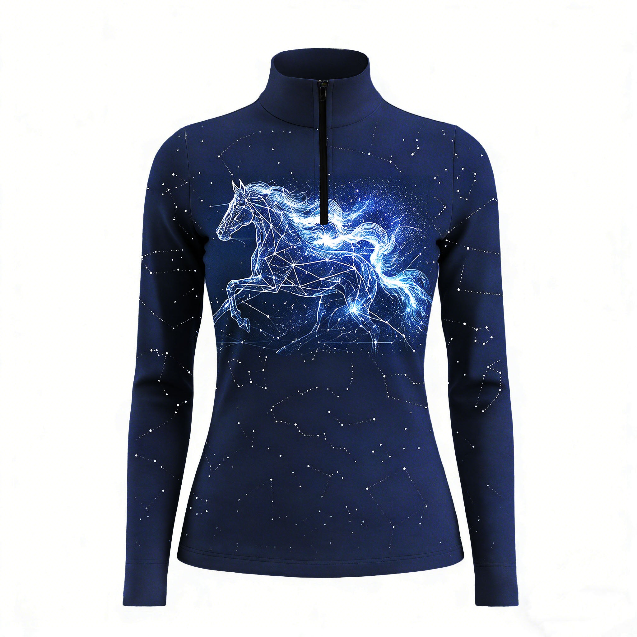 Studio flat view of the Constellation Running Horse Print Long-Sleeve Quarter-Zip Riding Top, showcasing the full print details