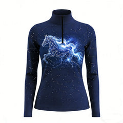 Studio flat view of the Constellation Running Horse Print Long-Sleeve Quarter-Zip Riding Top, showcasing the full print details