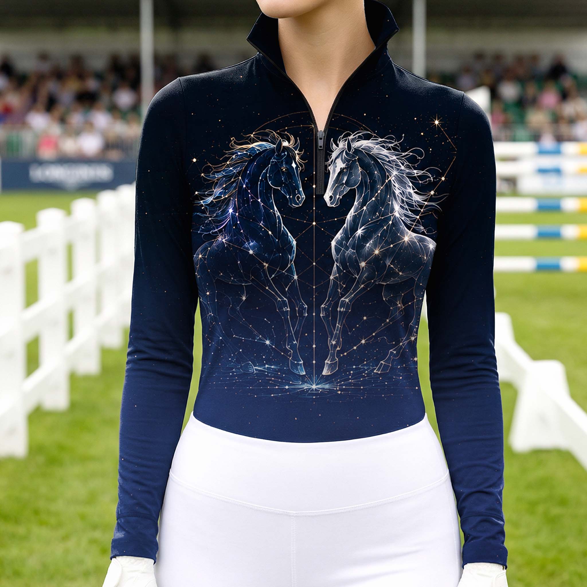 Model wearing the Constellation Twin Horses Print Riding Top at a competition arena, with jumps in the background