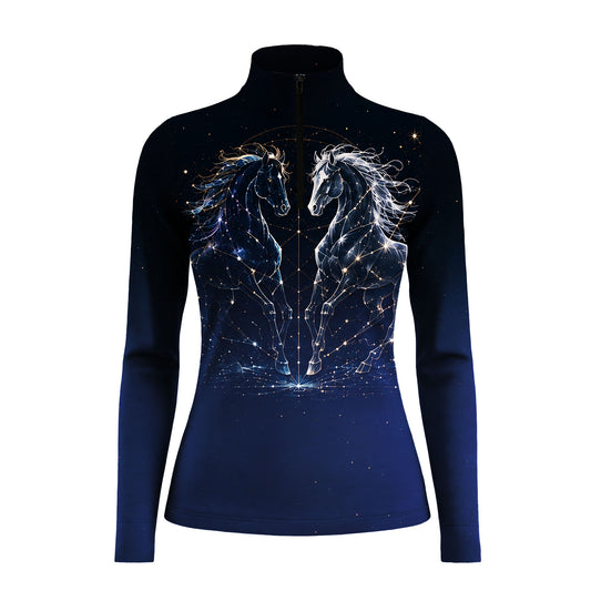 Studio flat view of the Constellation Twin Horses Print Long-Sleeve Quarter-Zip Riding Top, showcasing the full print details