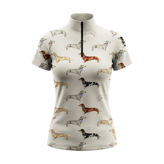 Clean white background studio product mockup of cream all-over watercolor dachshund short sleeve riding top