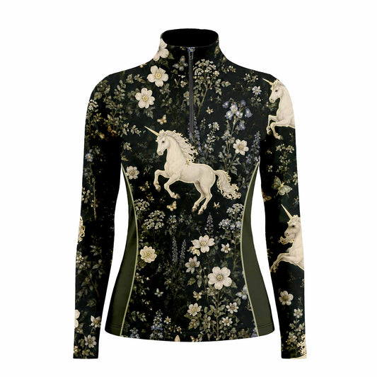 Clean neutral background studio product mockup shot of full dark base wildflower white unicorn all-over print long sleeve quarter-zip riding top with olive side panels