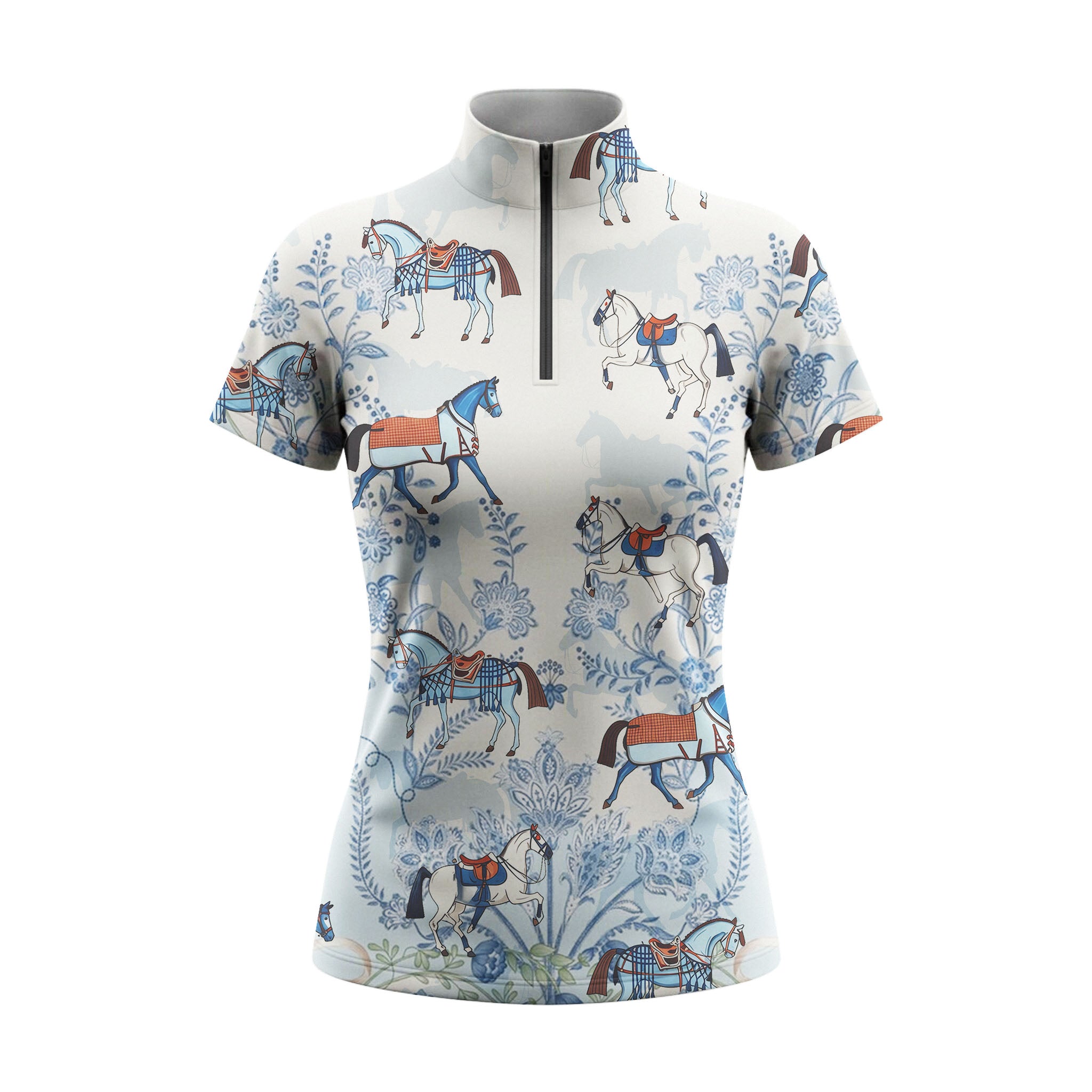 Studio flat view of the Delft Blue Style Horse & Floral Print Short-Sleeve Quarter-Zip Riding Top, showcasing the full print details
