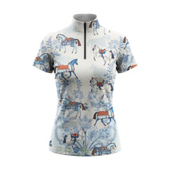 Studio flat view of the Delft Blue Style Horse & Floral Print Short-Sleeve Quarter-Zip Riding Top, showcasing the full print details
