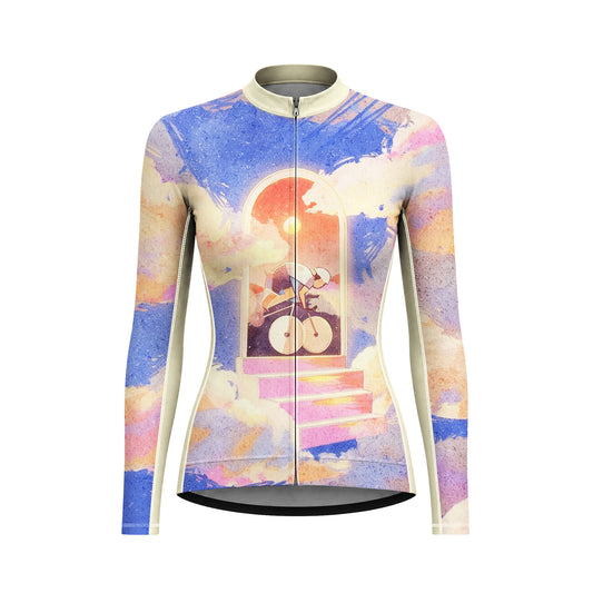 Front view flat shot of women full zip long sleeve cycling jersey with pastel watercolor sunset window track cyclist print, cream collar white background