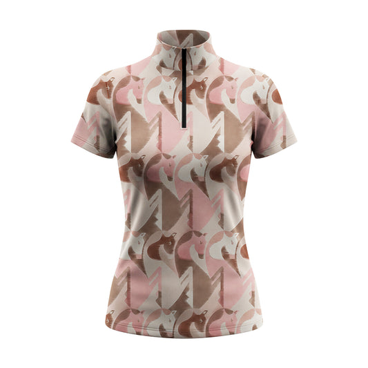 Clean white background studio flat lay product shot of full charcoal grey sand beige neutral abstract interlocking geometric horse head all-over print short sleeve quarter-zip riding top