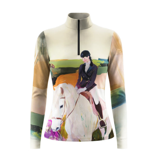 Studio flat view of the Equestrian Portrait Oil Painting Print Long-Sleeve Quarter-Zip Riding Top, showcasing the full print details