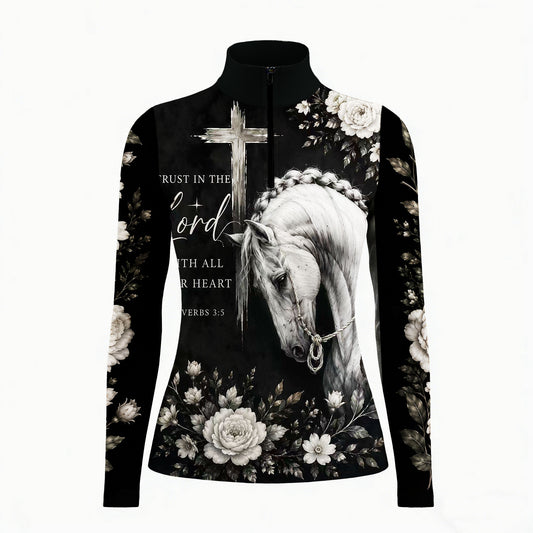 White background studio shot of solid black monochrome faith print braided white horse cross bible verse peony floral allover print long sleeve quarter zip riding top