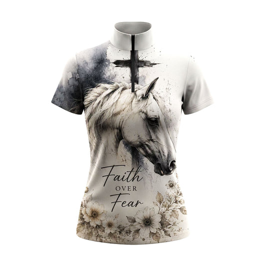 White background studio shot of aged cream smoky ink cross Faith Over Fear white horse neutral floral allover print short sleeve quarter zip riding top