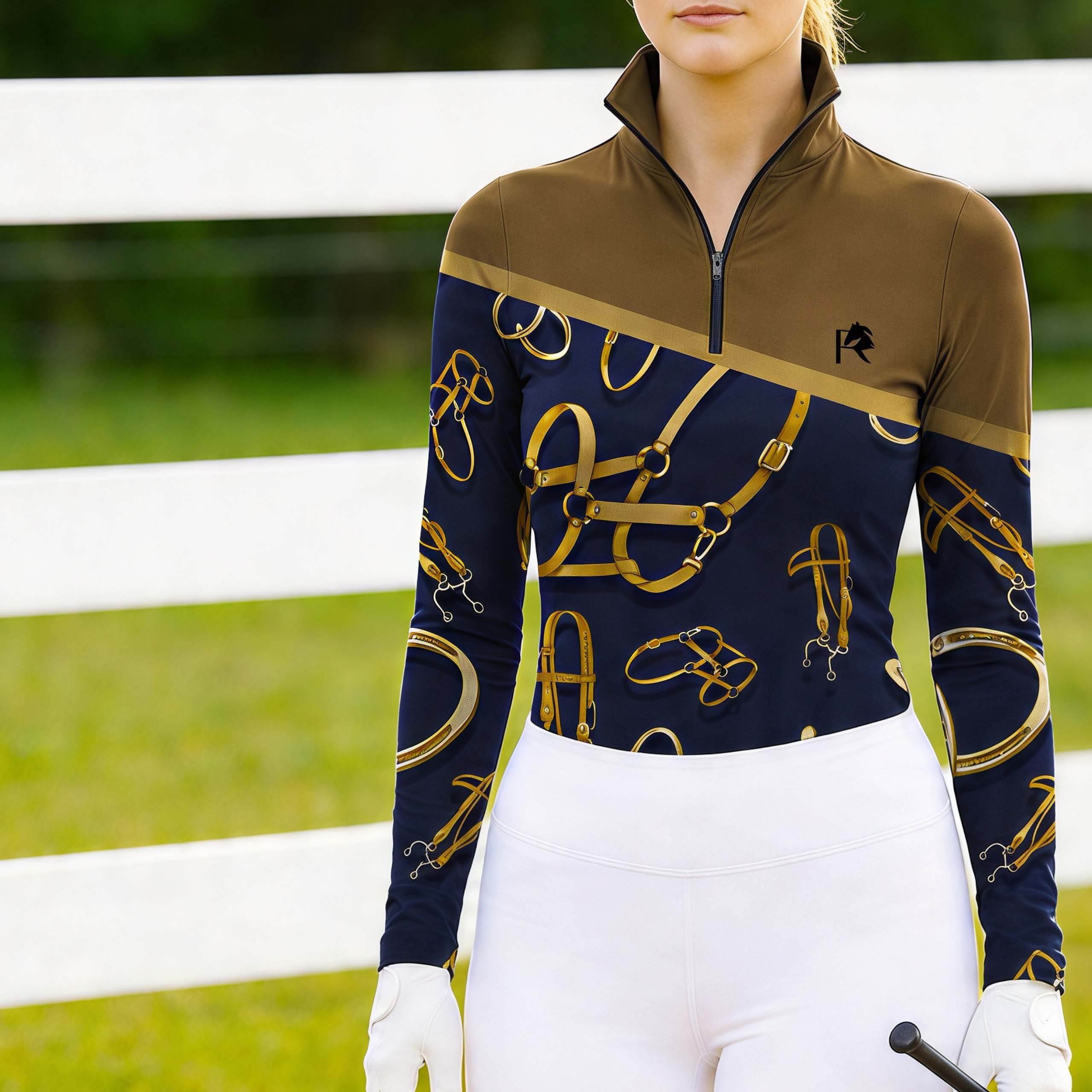 Woman wearing RIDER ATELIER Equestrian Tack Colorblock Quarter-Zip Top in front of a classic white equestrian fence