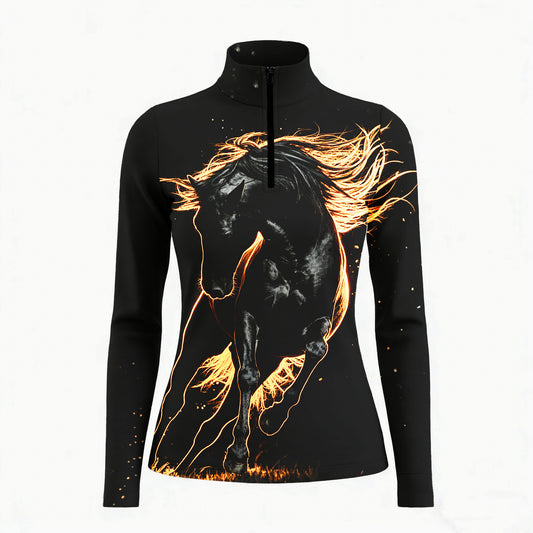 White background studio shot of solid black glowing fiery gold outline galloping stallion sparkles allover print long sleeve quarter zip riding top