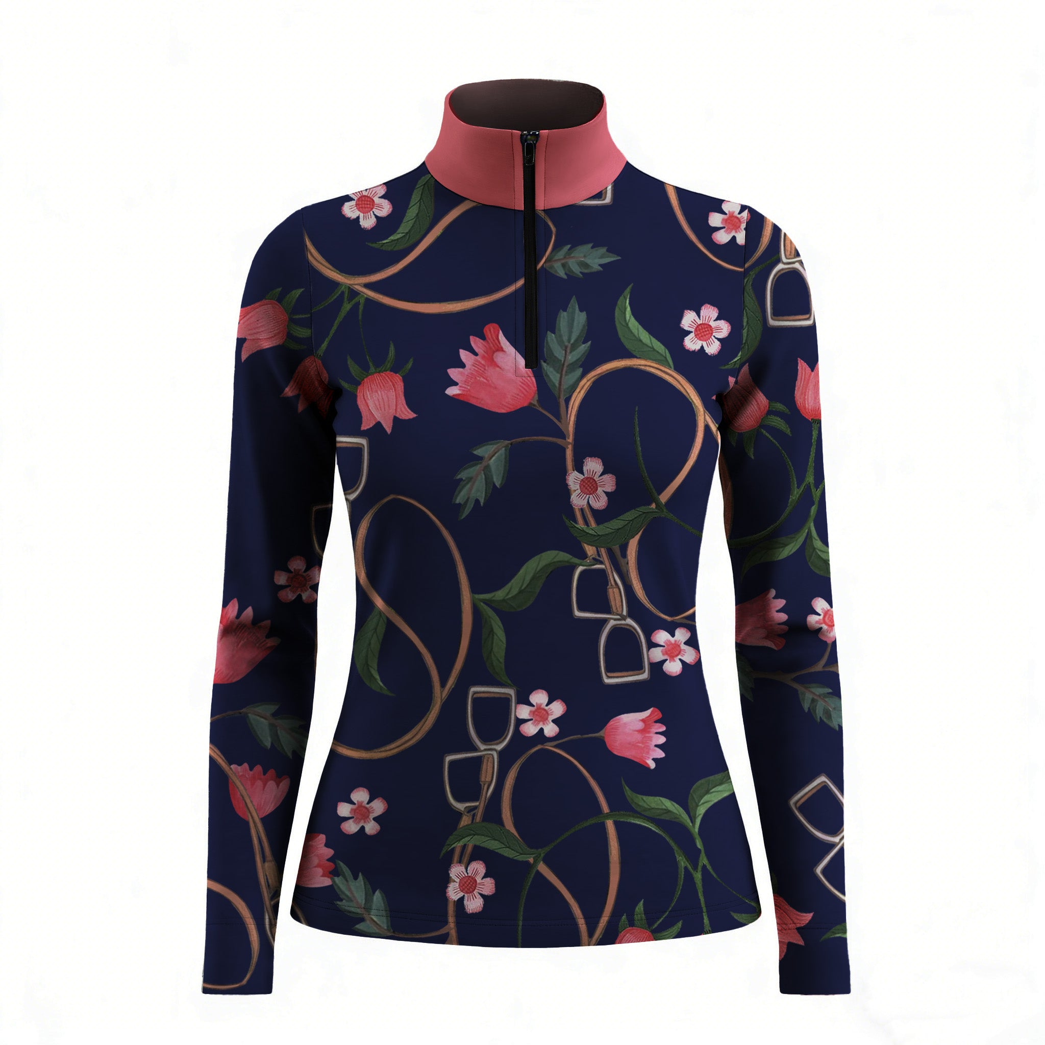 White background studio shot of navy floral & stirrup print long sleeve quarter zip riding top