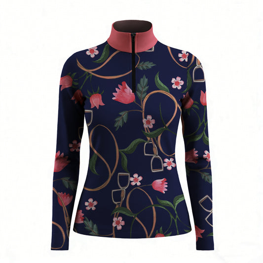White background studio shot of navy floral & stirrup print long sleeve quarter zip riding top