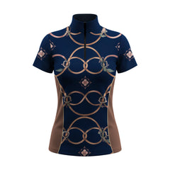 White background studio shot of navy floral & stirrup print short sleeve quarter zip riding top