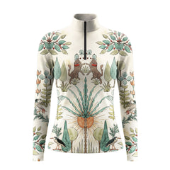 Studio flat view of the cream version of the Folk Art Horse & Botanical Print Long-Sleeve Quarter-Zip Riding Top, showcasing the full print details
