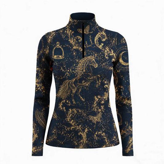 White background studio product shot showcasing full shimmer gold celestial galloping horse, stirrup and moon allover print on dark navy long sleeve quarter-zip riding top