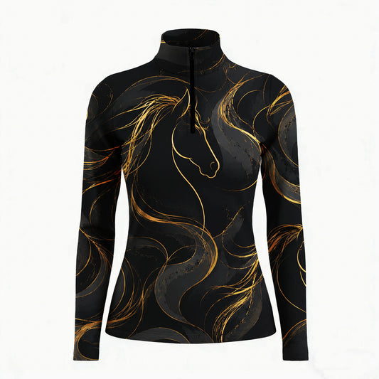 White background studio shot of black gold flowing mane line art horse print long sleeve quarter zip riding top