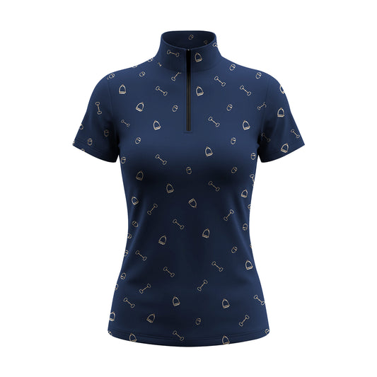 White background studio shot of navy short sleeve quarter zip riding top with allover thin gold stirrup & snaffle line print