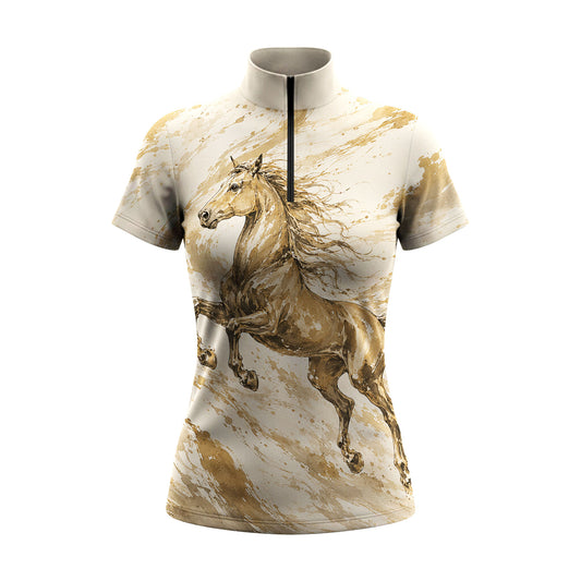 White background studio shot of full allover cream sepia golden watercolor paint splash galloping stallion short sleeve quarter zip riding top