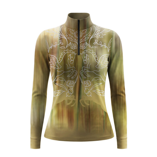 White background studio product shot of full olive khaki brush gradient symmetrical white line art pegasus rose floral print long sleeve quarter-zip riding top