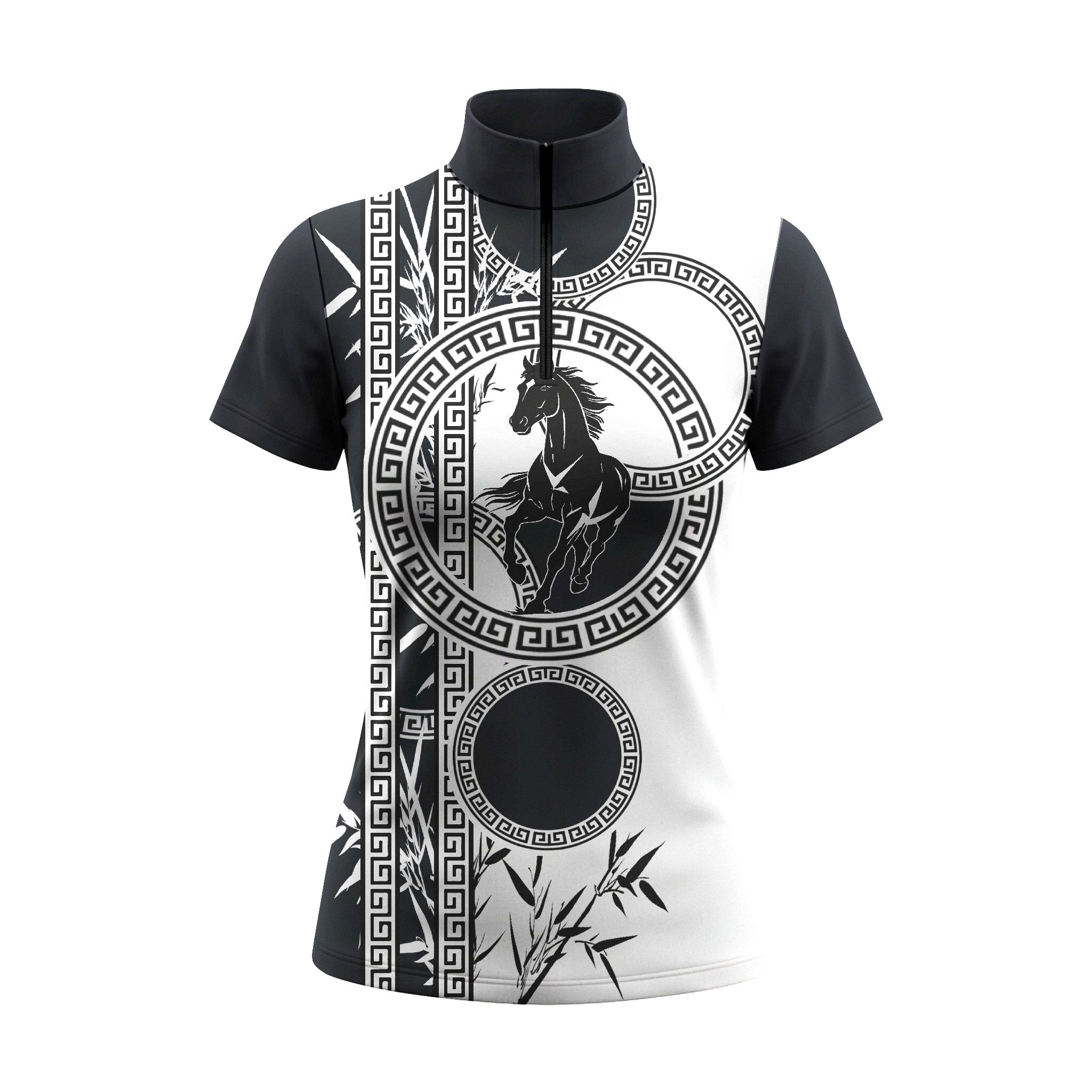Studio flat view of the Greek Key Bamboo Horse Print Short-Sleeve Quarter-Zip Riding Top, showcasing the full print details