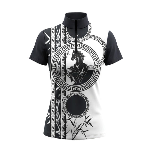 Studio flat view of the Greek Key Bamboo Horse Print Short-Sleeve Quarter-Zip Riding Top, showcasing the full print details