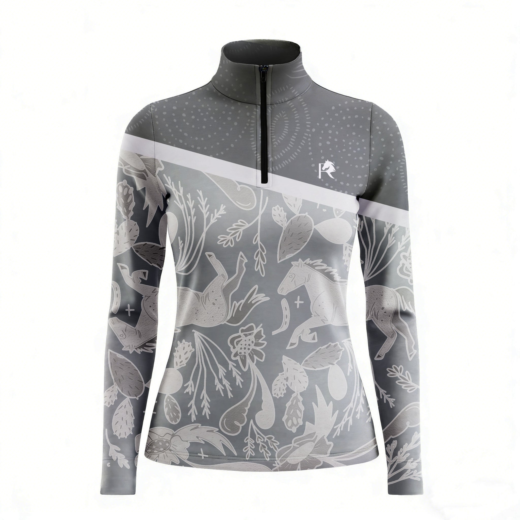 Gray long-sleeve shirt with nature-themed design on a white background
