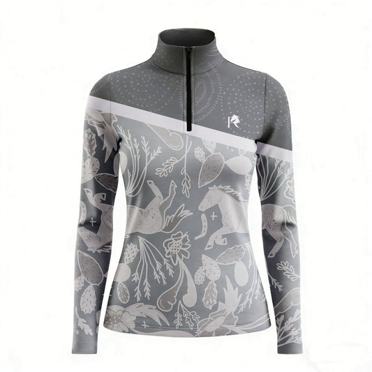 Gray long-sleeve shirt with nature-themed design on a white background