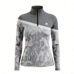 Gray long-sleeve shirt with nature-themed design on a white background