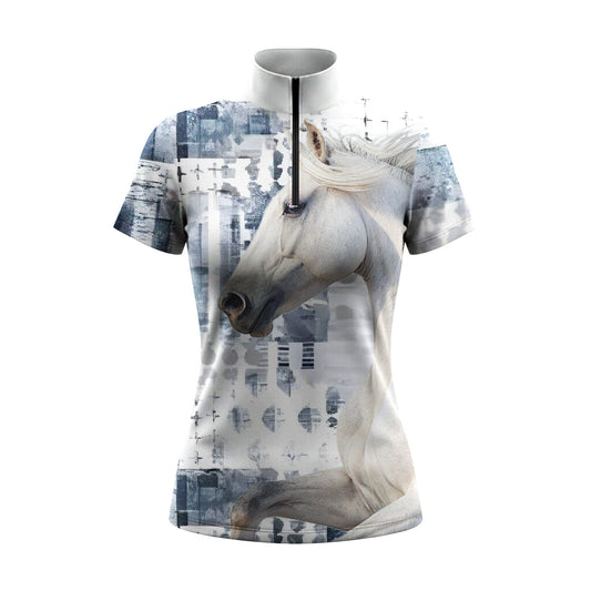Plain white background studio shot of abstract oversized white horse quarter zip riding top