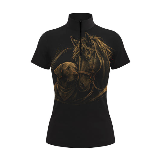 Clean white‑background studio mockup of black quarter‑zip short‑sleeve riding top with horse and labrador dog sketch print