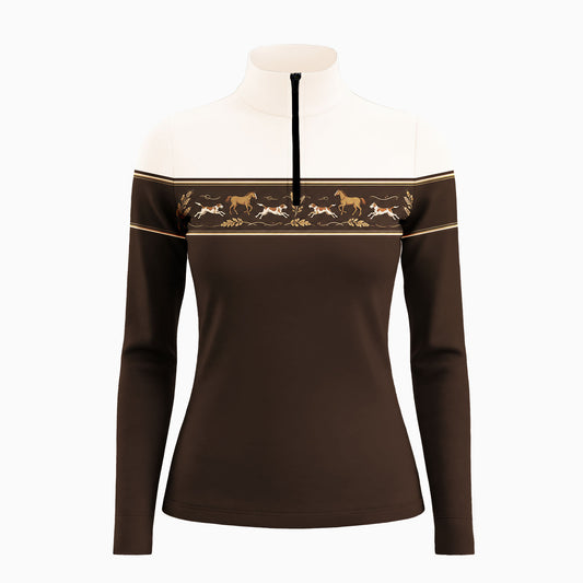 White backdrop studio flat product photograph showcasing the full pattern and color blocking of the long sleeve riding top
