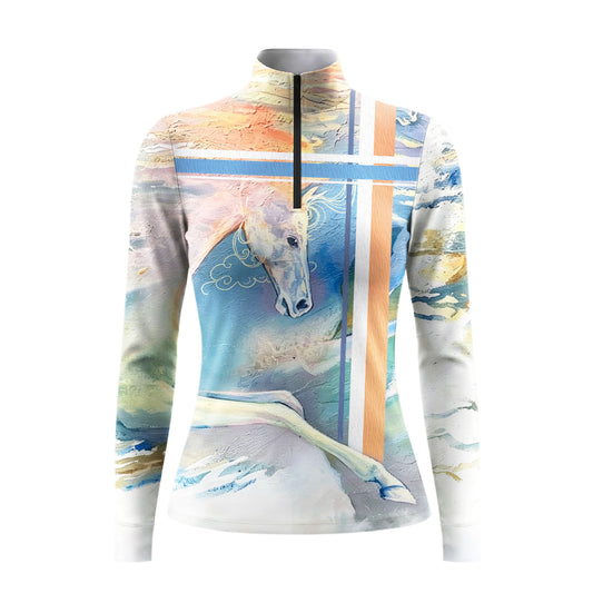 Chest & collar close-up shot showcasing thick brushstroke white horse impasto oil print and multi-tonal stripe overlay on long sleeve riding top in sunlit green pasture