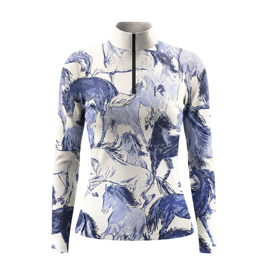 White background studio product shot showcasing full layered indigo blue sketch galloping horse print on cream long sleeve quarter-zip equestrian top