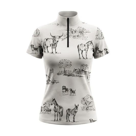 White background studio product shot of full grey ink wash western longhorn horse dog barn landscape toille ditsy print off-white short sleeve quarter-zip riding top