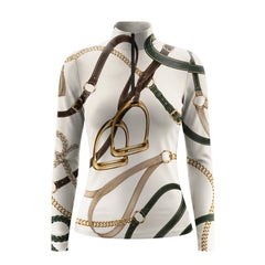 Studio flat view of the Ivory & Green Equestrian Tack Print Long-Sleeve Quarter-Zip Riding Top, showcasing the full print details