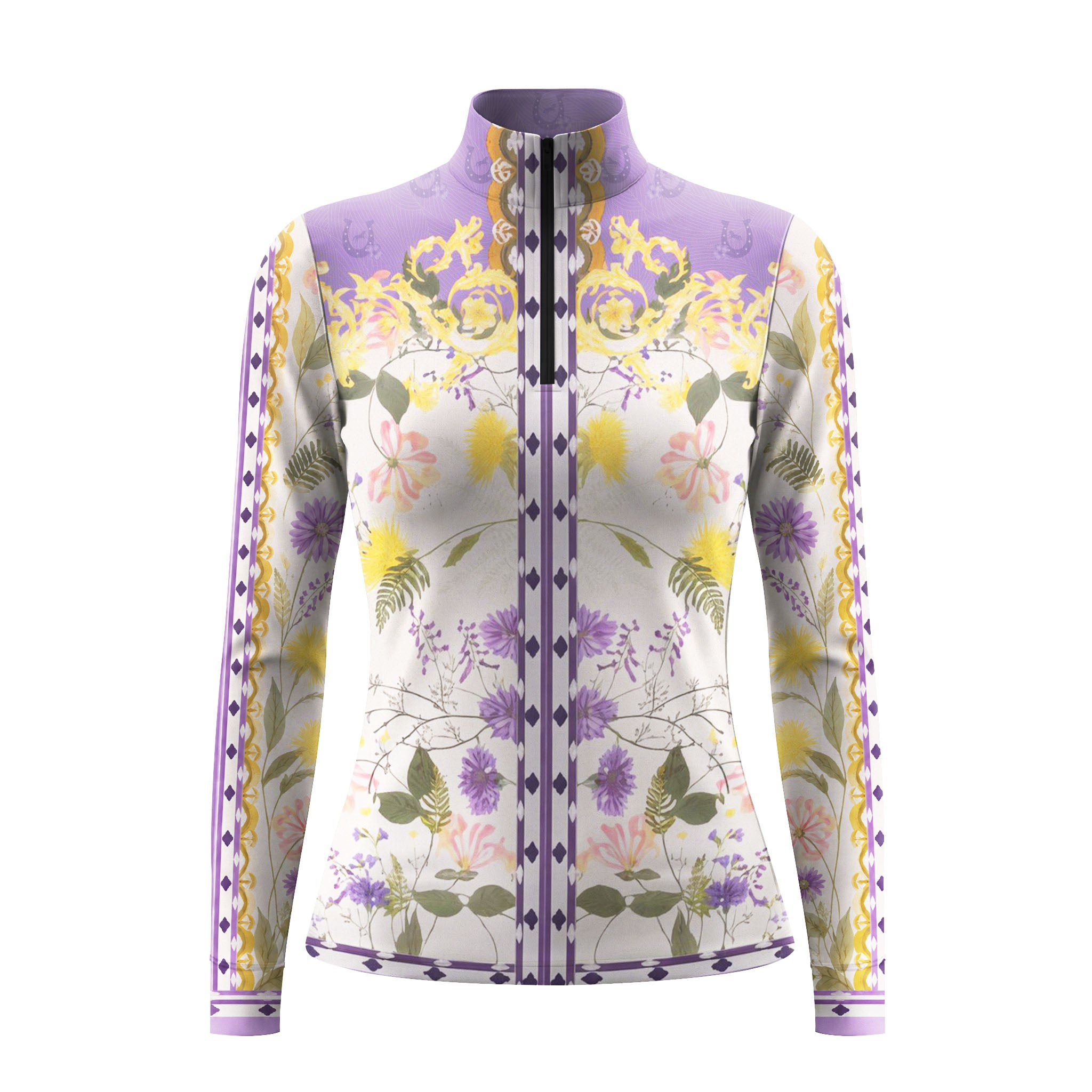 White background studio shot of lavender floral and geometric border long sleeve quarter zip riding top