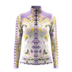 White background studio shot of lavender floral and geometric border long sleeve quarter zip riding top