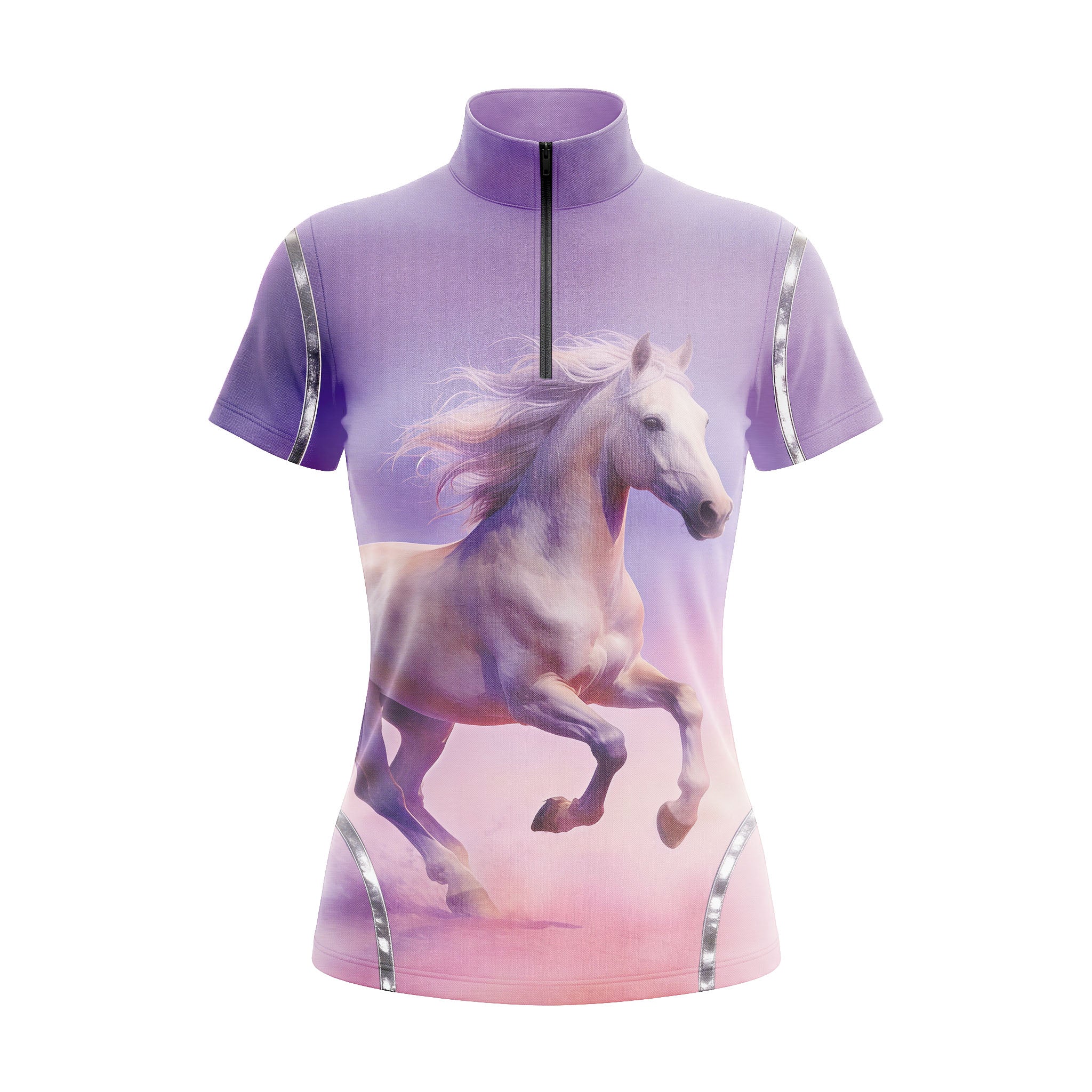 Studio flat view of the Lavender Gradient Horse Portrait Print Short-Sleeve Quarter-Zip Riding Top, showcasing the full print details