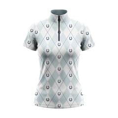 Studio flat view of the light blue version of the Argyle & Horseshoe Print Short-Sleeve Quarter-Zip Riding Top, showcasing the full print details
