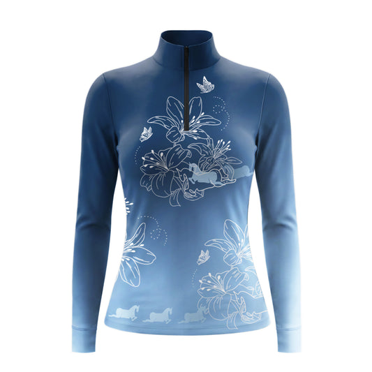 Clean white‑background studio mockup of gradient blue‑white lily butterfly horse line‑art quarter‑zip riding top