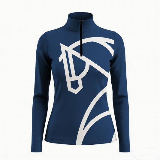 Sunlit green grass equestrian show jumping arena shot of model holding white riding gloves showcasing sleek modern minimalist white line-art horse head bridle outline front graphic navy blue equestrian long sleeve top