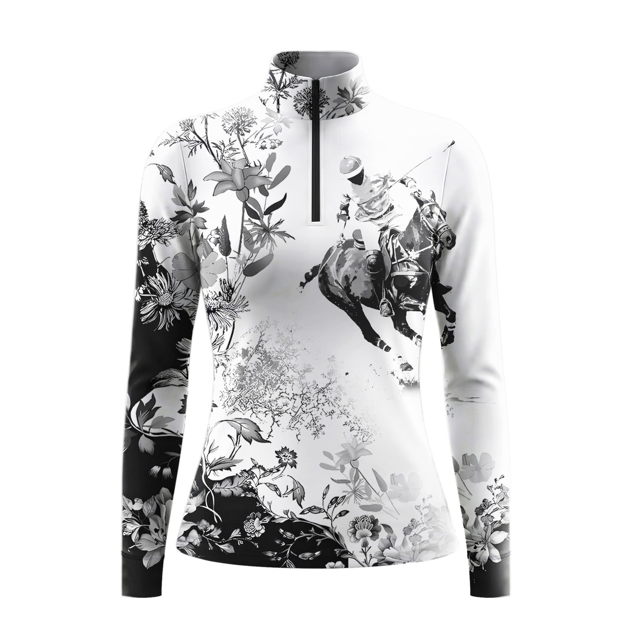 Studio flat view of the Monochrome Floral & Show Jumper Print Long-Sleeve Quarter-Zip Riding Top, showcasing the full print details