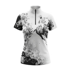 Studio flat view of the Monochrome Floral & Show Jumper Print Short-Sleeve Quarter-Zip Riding Top, showcasing the full print details