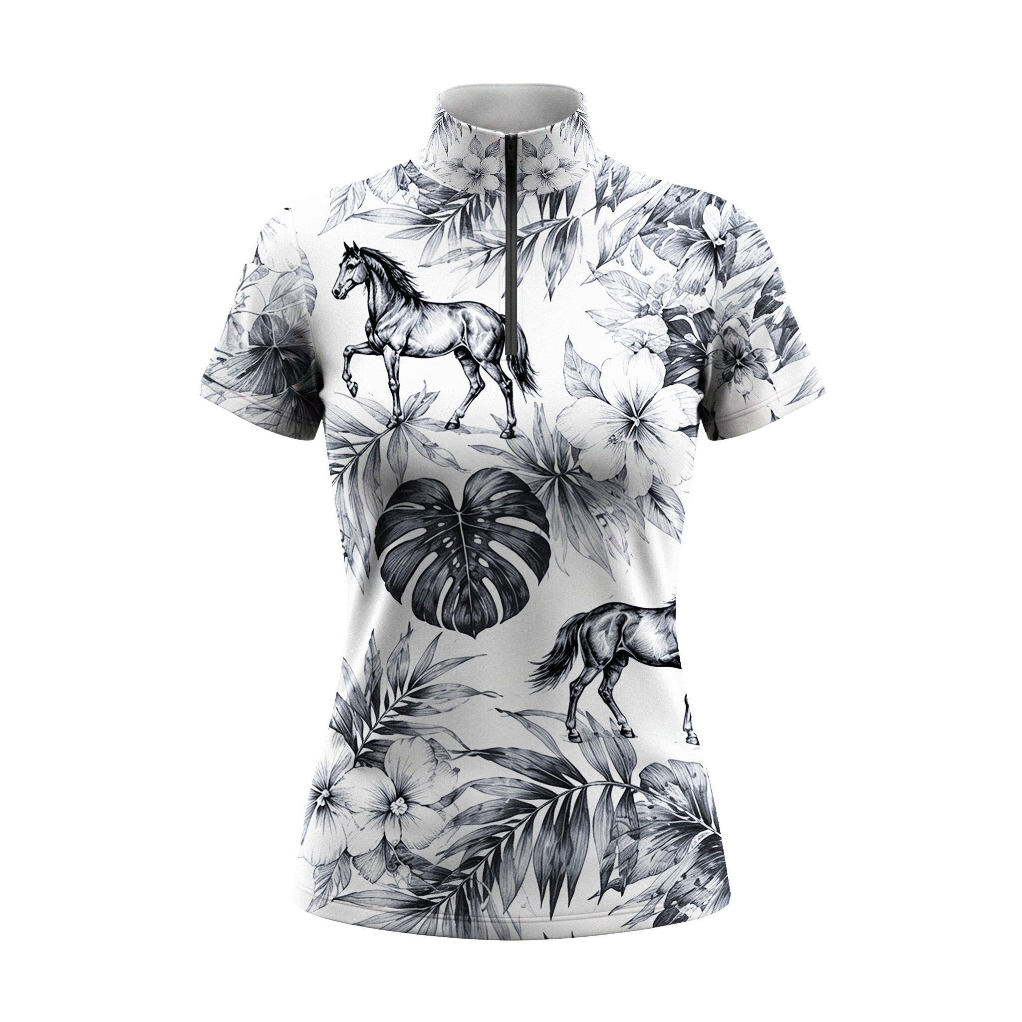 Studio flat view of the Monochrome Tropical Horse Print Short-Sleeve Quarter-Zip Riding Top, showcasing the full print details