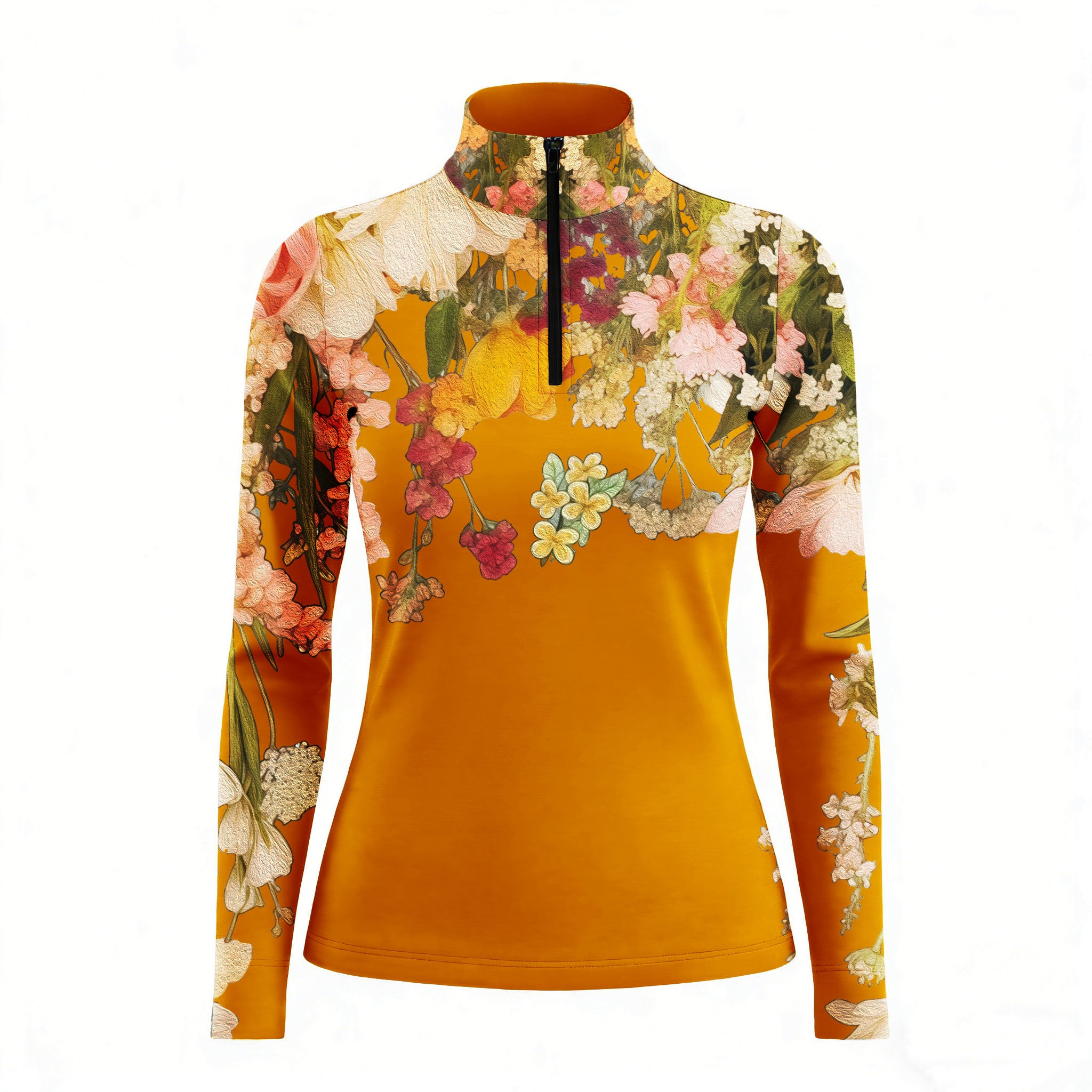 White background studio shot of mustard base watercolor floral border long sleeve quarter zip riding top
