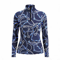 White background studio shot of navy chain & snaffle bit print long sleeve quarter zip riding top